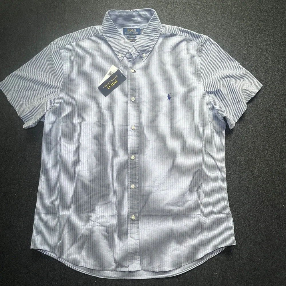 Polo Ralph Lauren Button Down Mens L Blue New Seersucker Stripe Classic Fit
